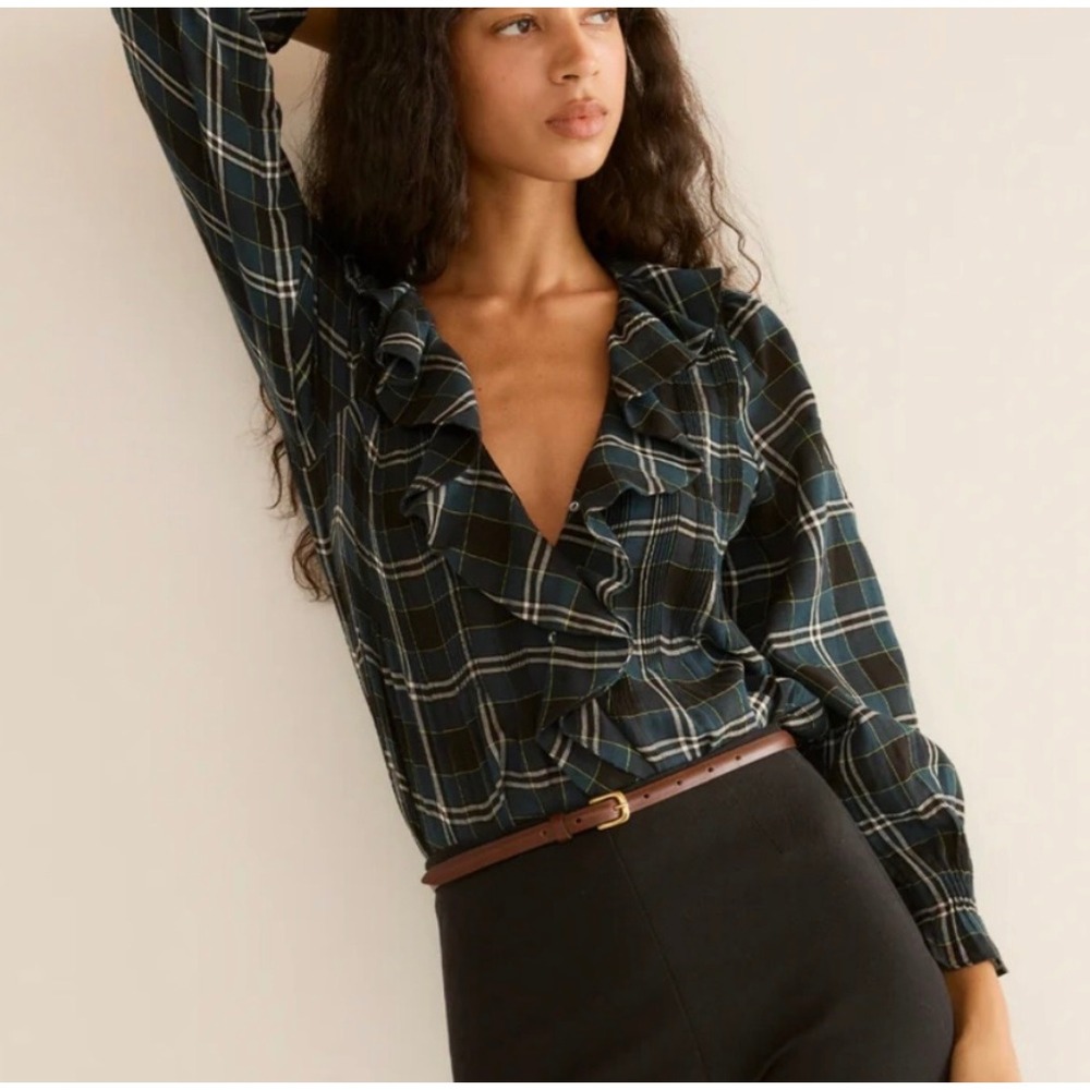 Doen Navy and Black Plaid Ruffle Front Blouse